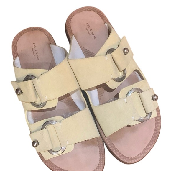 Suede Leather Sandals with Silver Buckle Accents, Modern Beige Slides Rag & Bone - Picture 5 of 9
